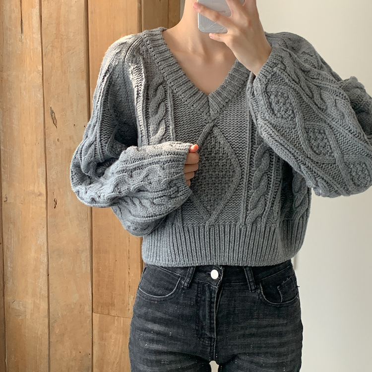 ケーブルVネックニット(6color) GRAY