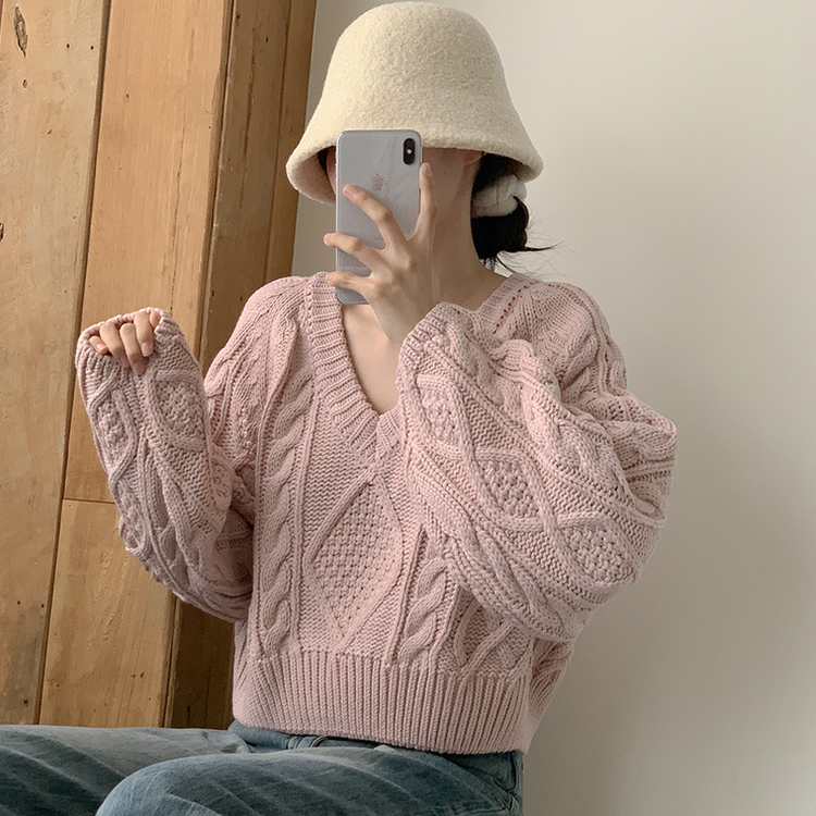 ケーブルVネックニット(6color) SKIN PINK