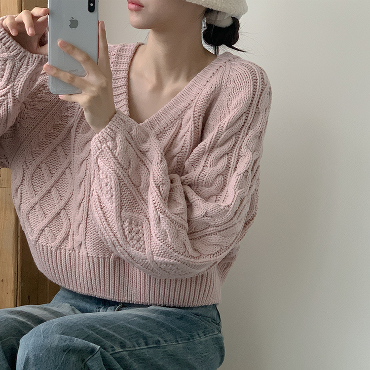 ケーブルVネックニット(6color) SKIN PINK
