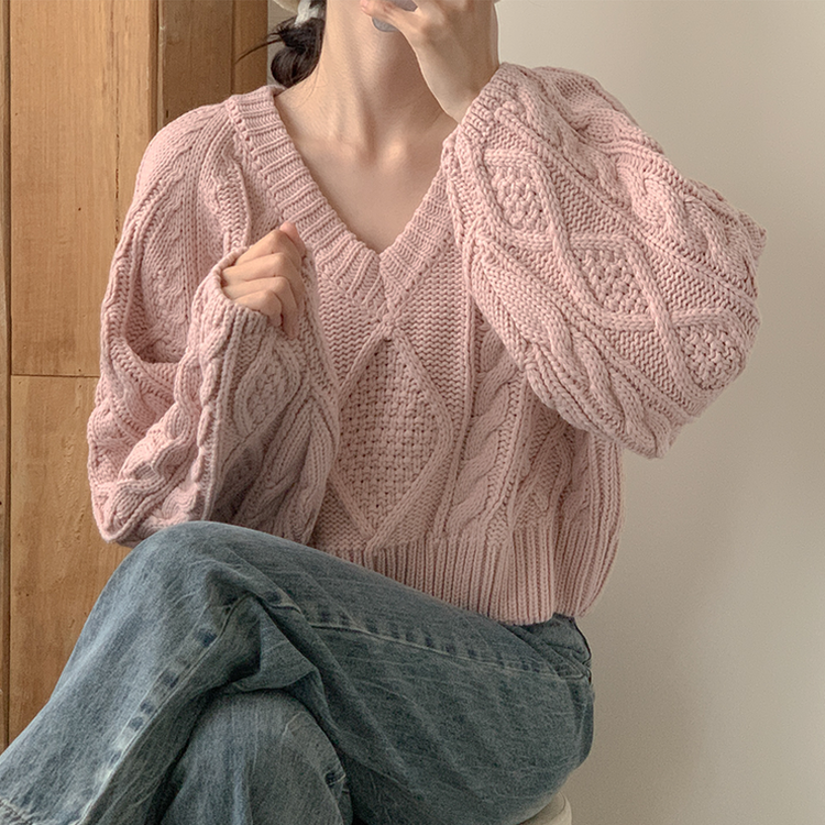 ケーブルVネックニット(6color) SKIN PINK