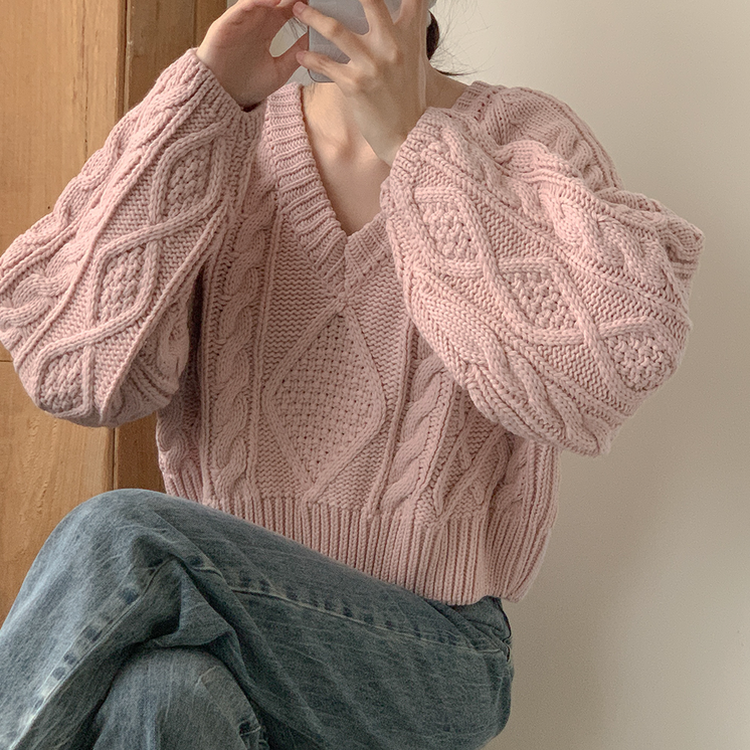 ケーブルVネックニット(6color) SKIN PINK