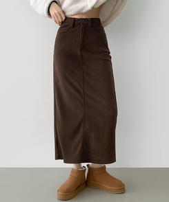 2XL뒤트임 융털기모 코듀로이 골덴 H라인 밴딩 롱스커트 딥브라운