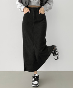 2XL뒤트임 융털기모 코듀로이 골덴 H라인 밴딩 롱스커트 차콜