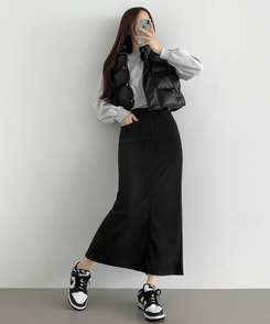 2XL뒤트임 융털기모 코듀로이 골덴 H라인 밴딩 롱스커트 차콜