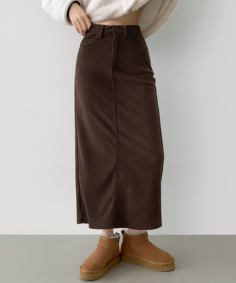 2XL뒤트임 융털기모 코듀로이 골덴 H라인 밴딩 롱스커트 딥브라운