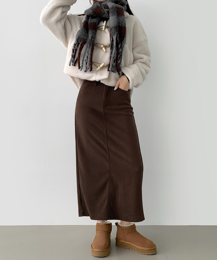 2XL뒤트임 융털기모 코듀로이 골덴 H라인 밴딩 롱스커트 딥브라운