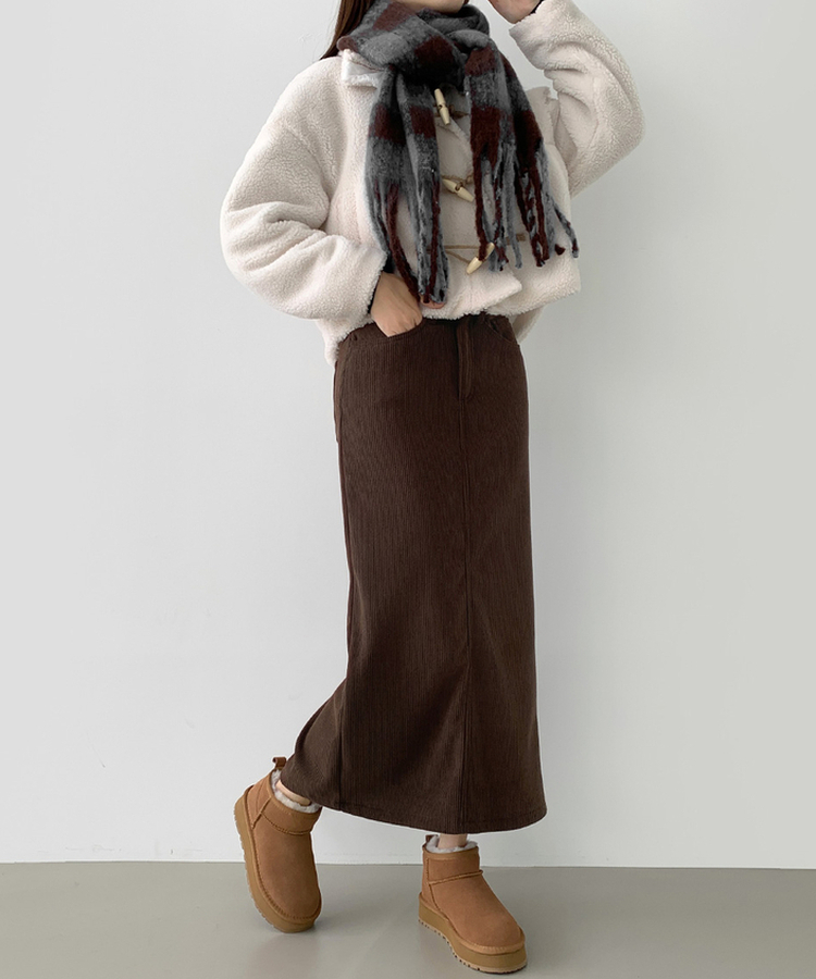 2XL뒤트임 융털기모 코듀로이 골덴 H라인 밴딩 롱스커트 딥브라운