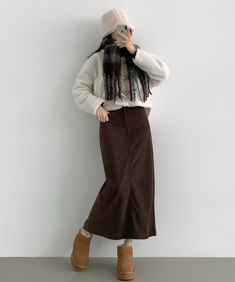 2XL뒤트임 융털기모 코듀로이 골덴 H라인 밴딩 롱스커트 딥브라운