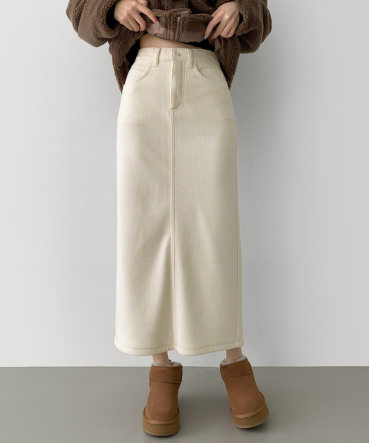 2XL뒤트임 융털기모 코듀로이 골덴 H라인 밴딩 롱스커트 화이트