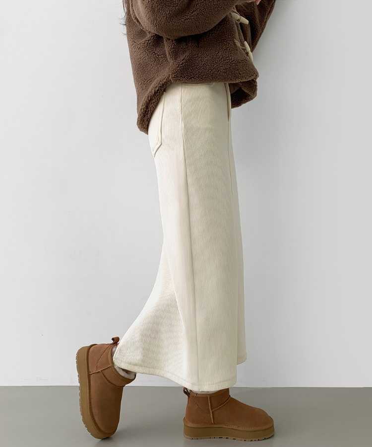 2XL뒤트임 융털기모 코듀로이 골덴 H라인 밴딩 롱스커트 화이트