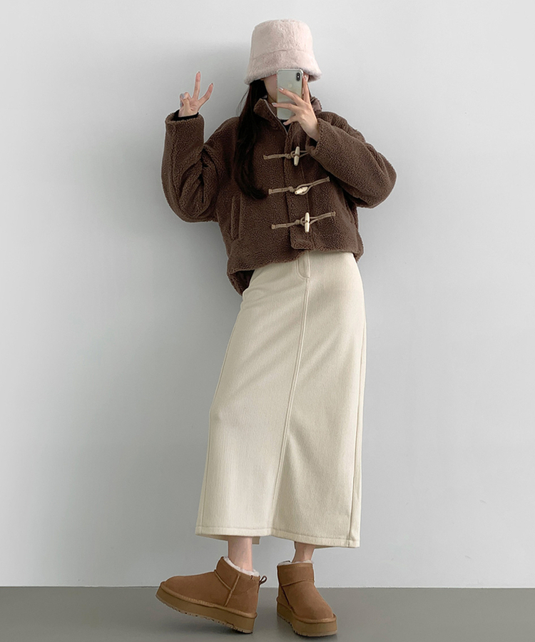 2XL뒤트임 융털기모 코듀로이 골덴 H라인 밴딩 롱스커트 화이트