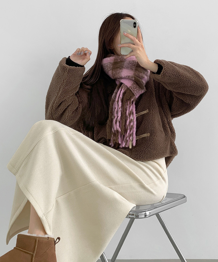 2XL뒤트임 융털기모 코듀로이 골덴 H라인 밴딩 롱스커트 화이트