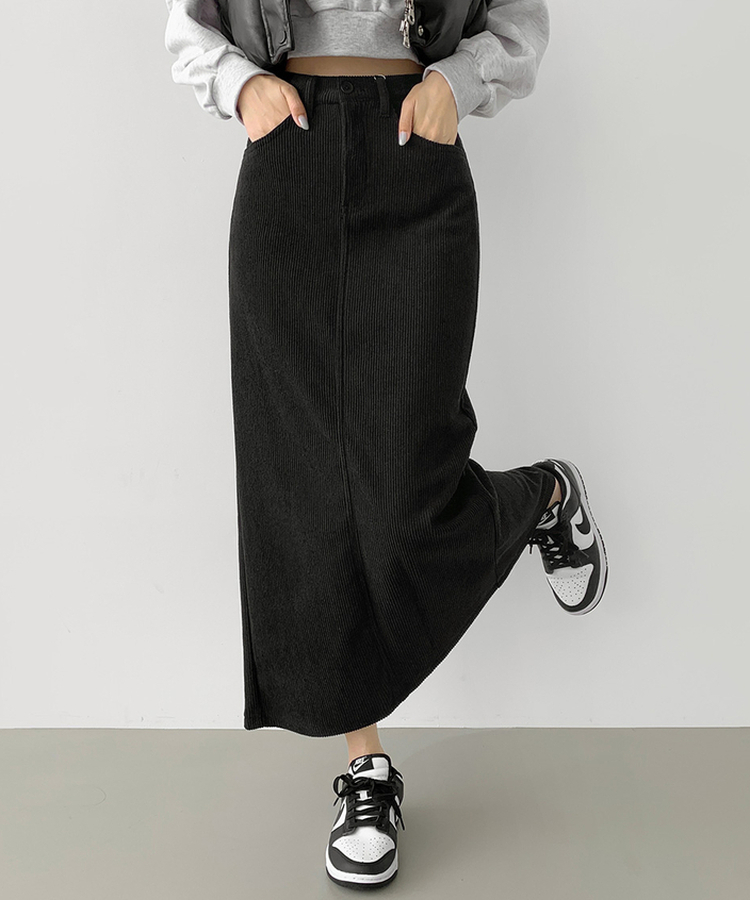 2XL뒤트임 융털기모 코듀로이 골덴 H라인 밴딩 롱스커트 차콜