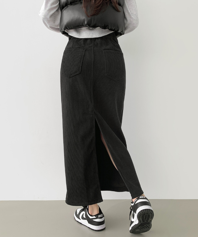 2XL뒤트임 융털기모 코듀로이 골덴 H라인 밴딩 롱스커트 차콜