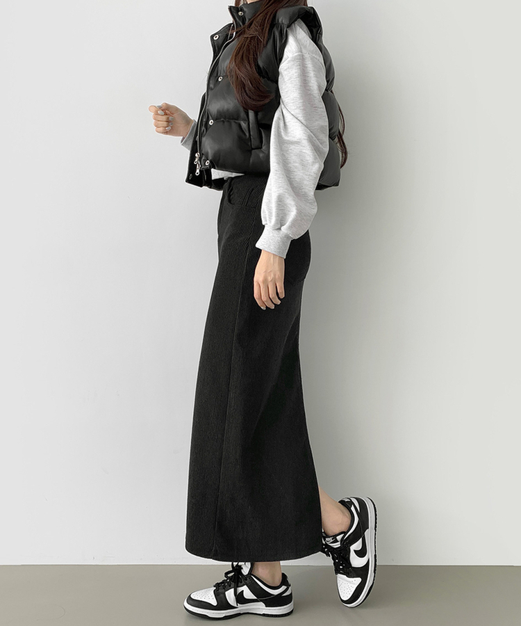 2XL뒤트임 융털기모 코듀로이 골덴 H라인 밴딩 롱스커트 차콜