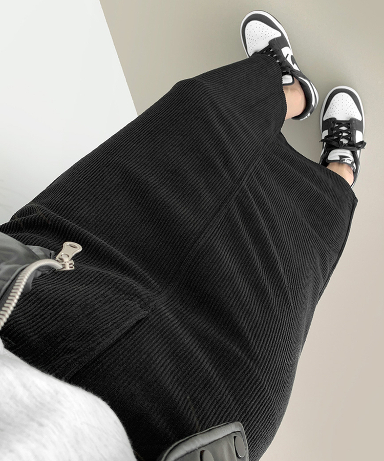 2XL뒤트임 융털기모 코듀로이 골덴 H라인 밴딩 롱스커트 블랙