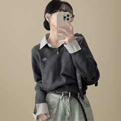 刺繍レイヤードチェックシャツVネックニット｜ニット｜韓国