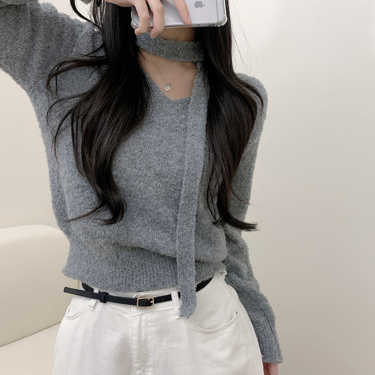 【マフラー付き】Vネックアンゴラファークロップニット GREY