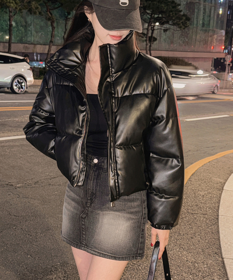 スナップボタンレザーセミクロップダウン BLACK