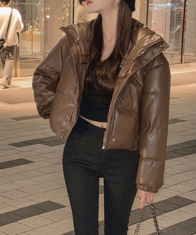 スナップボタンレザーセミクロップダウン BROWN