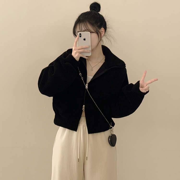 고중량 뽀글이 투웨이 크롭집업 하이넥 점퍼 양털자켓