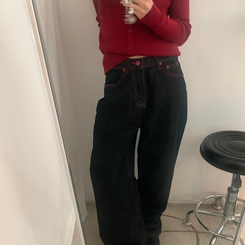 ワイド ハート刺繍ワイドブラックジーンズデニムパンツ BLACK DENIM