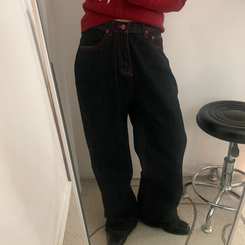 ワイド ハート刺繍ワイドブラックジーンズデニムパンツ BLACK DENIM
