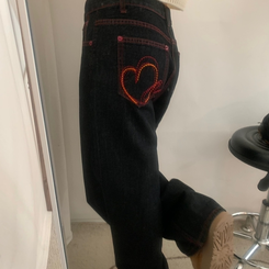 ワイド ハート刺繍ワイドブラックジーンズデニムパンツ BLACK DENIM