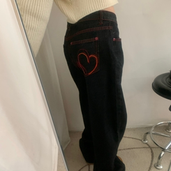 ワイド ハート刺繍ワイドブラックジーンズデニムパンツ BLACK DENIM