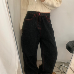 ワイド ハート刺繍ワイドブラックジーンズデニムパンツ BLACK DENIM