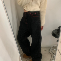 ワイド ハート刺繍ワイドブラックジーンズデニムパンツ BLACK DENIM