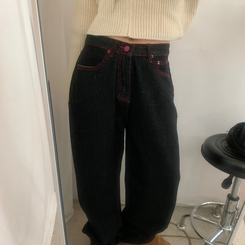 ワイド ハート刺繍ワイドブラックジーンズデニムパンツ BLACK DENIM