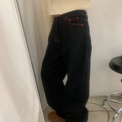 ワイド ハート刺繍ワイドブラックジーンズデニムパンツ BLACK DENIM