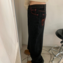 ワイド ハート刺繍ワイドブラックジーンズデニムパンツ BLACK DENIM