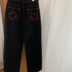 ワイド ハート刺繍ワイドブラックジーンズデニムパンツ