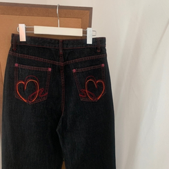 ワイド ハート刺繍ワイドブラックジーンズデニムパンツ