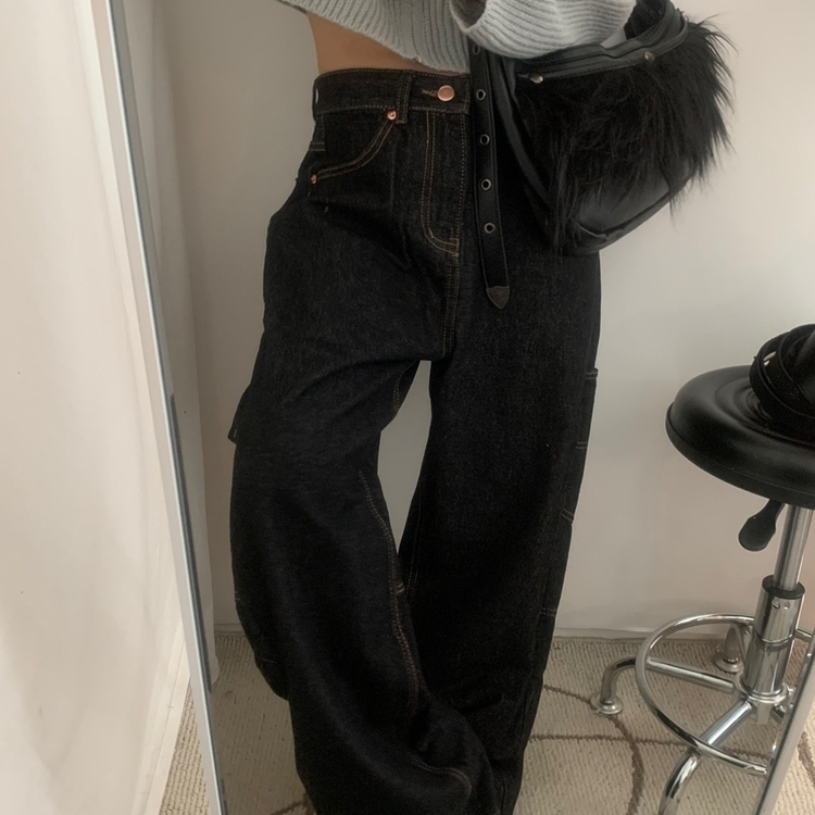 ワッペンワイドデニムパンツ BLACK DENIM