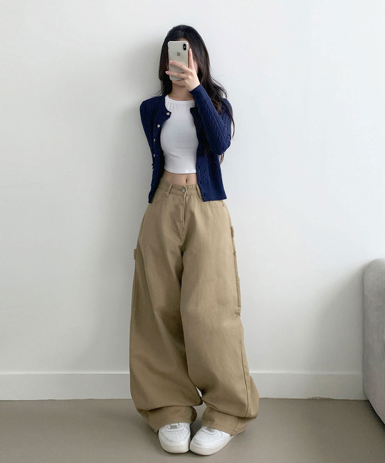 디고 y2k 카펜더 코튼 와이드 롱팬츠 베이지