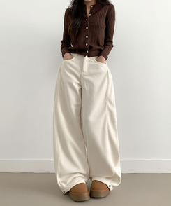 핫딜 위티 코듀로이 골덴 사이드 핀턱 스냅버튼 와이드 팬츠 화이트