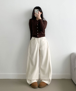 핫딜 위티 코듀로이 골덴 사이드 핀턱 스냅버튼 와이드 팬츠 화이트