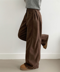 핫딜 위티 코듀로이 골덴 사이드 핀턱 스냅버튼 와이드 팬츠 딥브라운