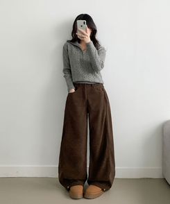 핫딜 위티 코듀로이 골덴 사이드 핀턱 스냅버튼 와이드 팬츠 딥브라운