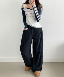 핫딜 위티 코듀로이 골덴 사이드 핀턱 스냅버튼 와이드 팬츠 차콜