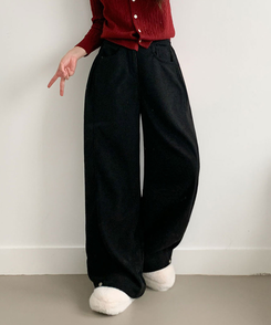 핫딜 위티 코듀로이 골덴 사이드 핀턱 스냅버튼 와이드 팬츠 블랙