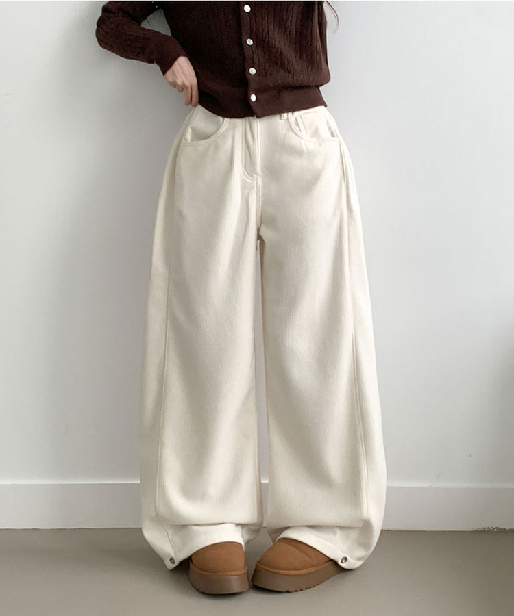 핫딜 위티 코듀로이 골덴 사이드 핀턱 스냅버튼 와이드 팬츠 화이트