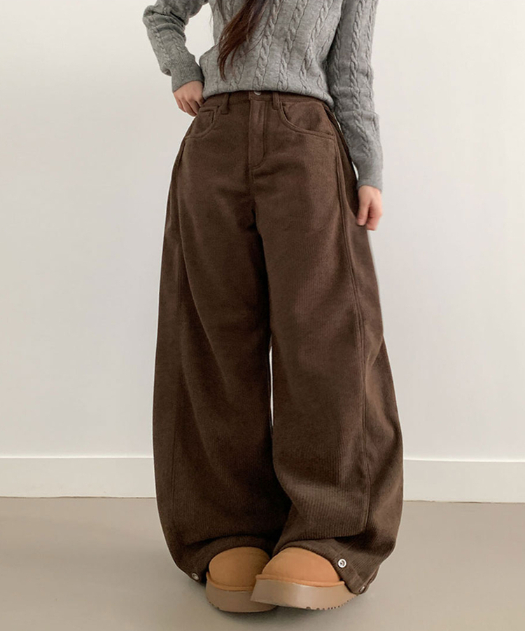 핫딜 위티 코듀로이 골덴 사이드 핀턱 스냅버튼 와이드 팬츠 딥브라운
