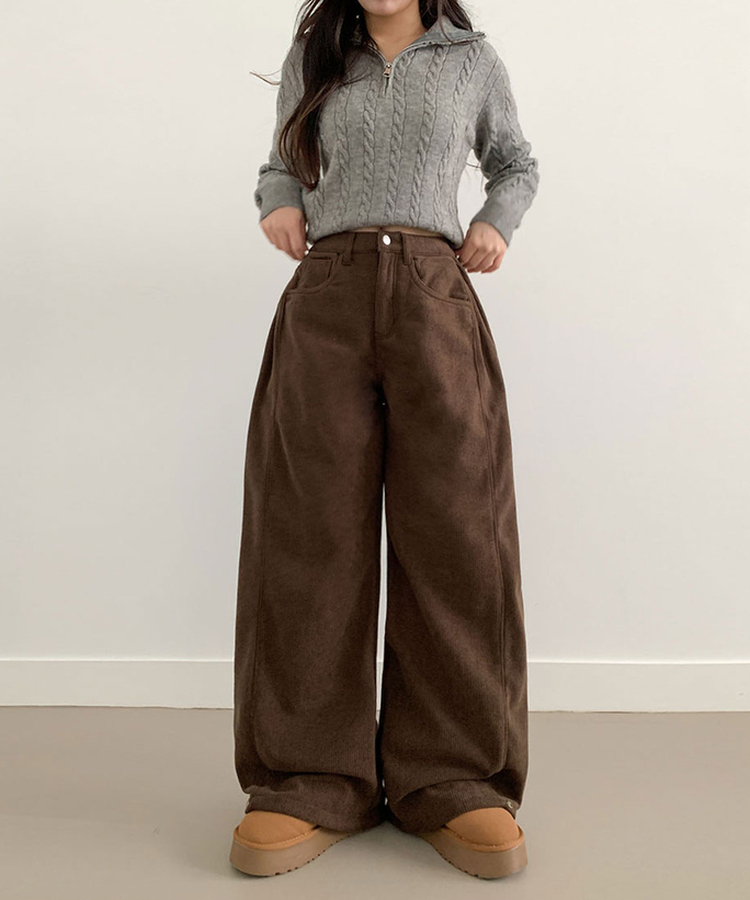 핫딜 위티 코듀로이 골덴 사이드 핀턱 스냅버튼 와이드 팬츠 딥브라운