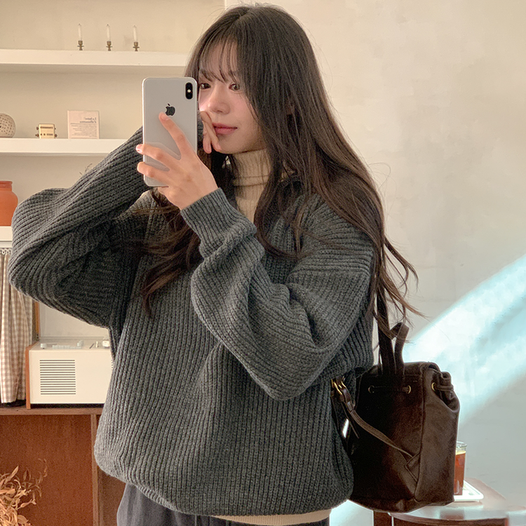 ナチュラルジップアップハイネックニット(5color) CHARCOAL