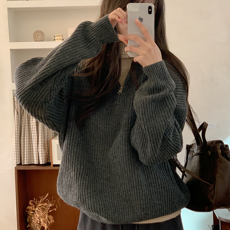 ナチュラルジップアップハイネックニット(5color) CHARCOAL