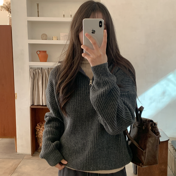 ナチュラルジップアップハイネックニット(5color) CHARCOAL